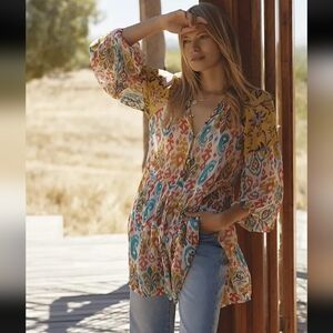 Anthropologie Maureen Babydoll Tiered Tunic Top Blouse Geometric Colorful Small
